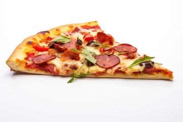 Slice of delicious fresh pizza isolated on white background