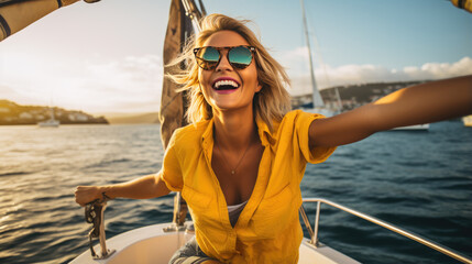 Portrait of a smiling woman on a yacht at sea during a vacation