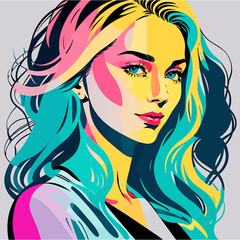 Beautiful girl with long thick wavy hair isolated on light grey. Beauty salon icon. Vector stock illustration