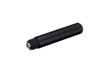 Black modular silencer for weapons. Suppressor that is at the end of an assault rifle. Isolate on a...