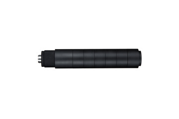 Black modular silencer for weapons. Suppressor that is at the end of an assault rifle. Isolate on a...