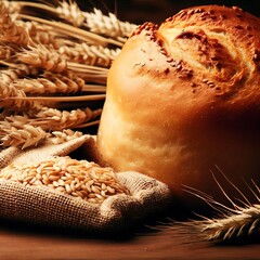 bread loaf and wheat ears and sack on wooden background