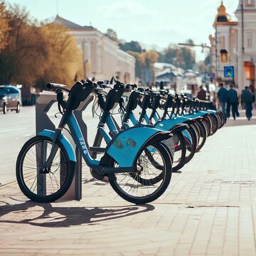 Bike rental on the main street of the city. Bike sharing system
