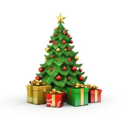 Obraz na płótnie Canvas Christmas tree with gift boxes with bows isolated on white background, illustration drawn cartoon style. Presents for Christmas or New Year.