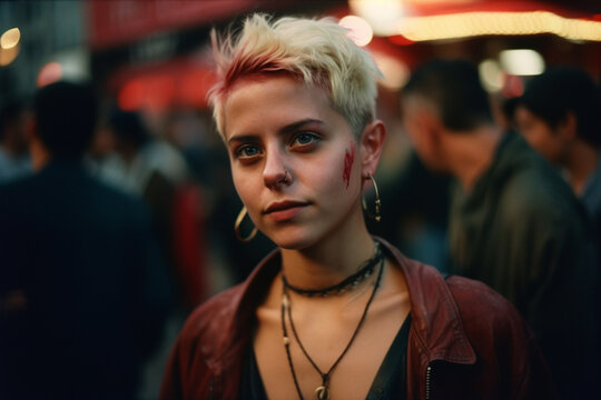 Young punk rock woman. Coney Island in the 1970's. Neon carnival. Gritty real life photojournalistic style portrait.
