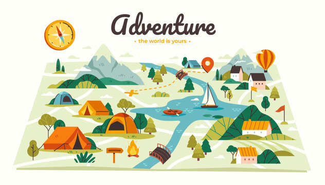 Map for camping and travel. Banner with natural landscape and mountains, campfire and tent, boat and houses. Journey and adventure. Cartoon flat vector illustration isolated on white background