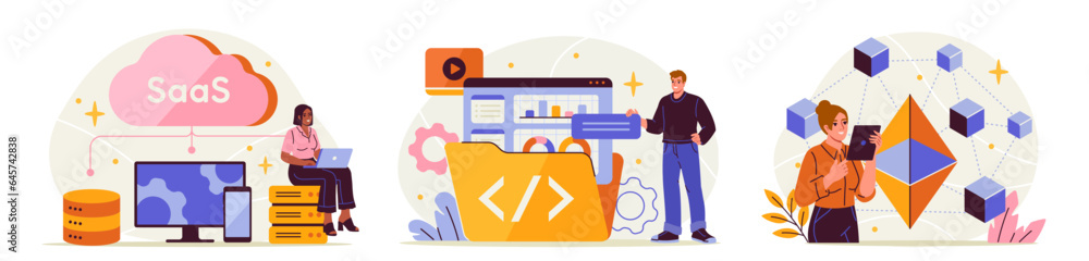 Poster software and app service set. characters programming and data analysis with saas technologies, packa