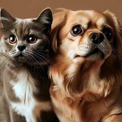 Charming pampered pets play side by side looking alert