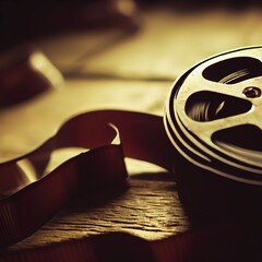 Cinematography. Vintage tape on the wooden table