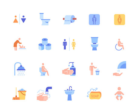 Toilet and WC icons set. Colorful symbols and signs with men and women restroom, shower room and baby changing room, toilet bowl and sink. Cartoon flat vector collection isolated on white background