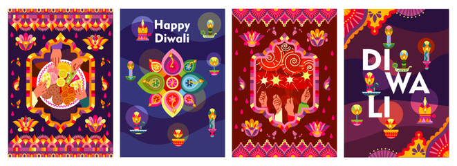 Abstract posters with Diwali holiday set. Colorful banners with Indian lights festiva. Posters with burning candles and lanterns, sparklers and lamps. Cartoon flat vector isolated on white background