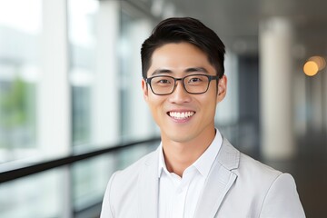 Radiant and cheerful Asian young man showcasing a warm smile against a clean, white background