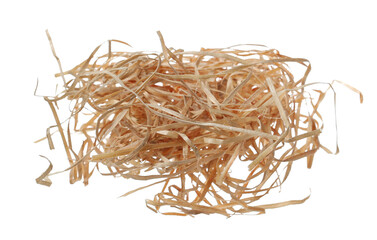 Wood shavings, pile curls isolated on white, clipping path 