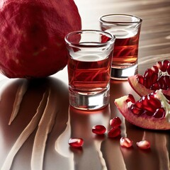 Pomegranate vodka shots and pomegranate fruit on a veneered countertop