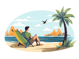 Man sitting on chair on beach background. Vacation. Summer. Illustration. Generative AI
