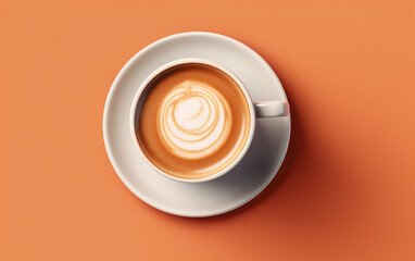 Cup of coffee on solid orange background. Top view