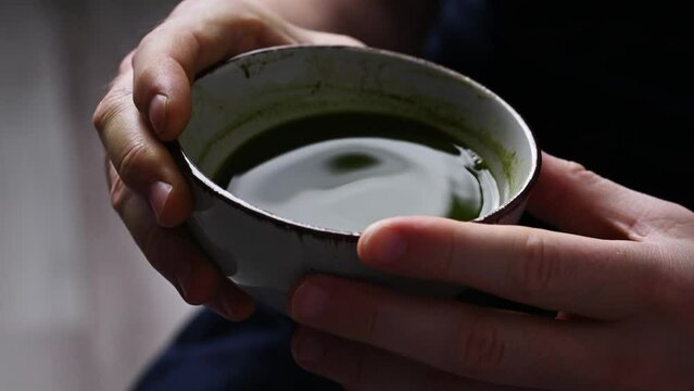 Matcha green tea powder, tea ceremony, close uo view