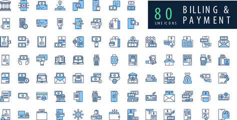 Billing and Payments line icons set. Money payments elements outline icons collection. Payments elements symbols. Money, Bank, Savings, Investment, Currency, Management, Wallet vector