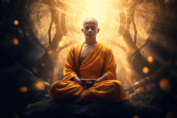The monk is practicing meditation, nature background, chakra glowing light - obrazy, fototapety, plakaty