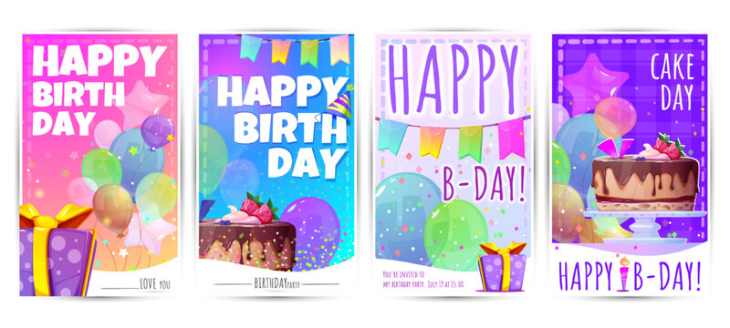 Happy birthday posters set. Festive and congratulatory banners with cake and balloons, confetti and flags. Party and holiday concept. Cartoon flat vector collection isolated on white background