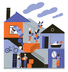 People home daily life. Smiling characters in house interior. Men and women receive package, take bath, water potted flowers and drink coffee. Routine and domesticity. Cartoon flat vector illustration