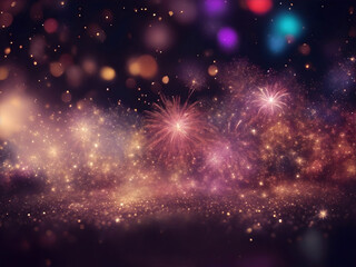 Blurred christmas background with colorful fireworks, festive bokeh. New year greeting card, postcard with copyspace. 