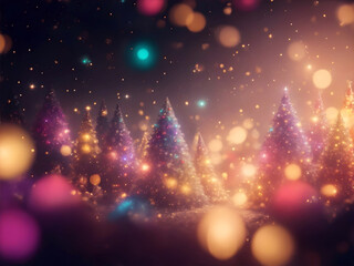 Fototapeta na wymiar Christmas background with fir tree and christmas lights in tender golden and violet colors with magical shiny sparkls. New year greeting card, postcard with copyspace.