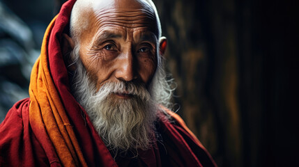 Elderly Tibetan monk, full body deep wrinkles, wisdom in eyes, traditional maroon robes - obrazy, fototapety, plakaty