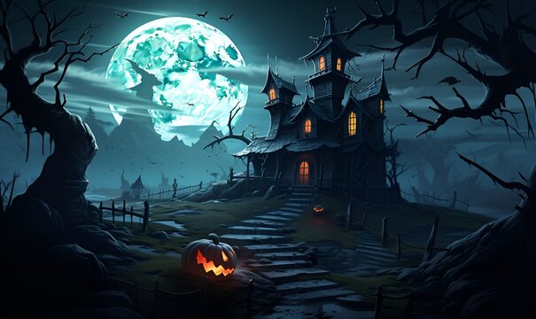 Cartoon image of a haunted house in the style of Halloween background, AI generative