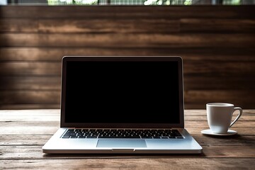 Laptop on wooden table and coffee in mug. Digital office. Computer and creativity. Modern workspaces. Technology and design converge. Code and comfort contemporary workspace