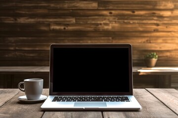 Laptop on wooden table and coffee in mug. Digital office. Computer and creativity. Modern workspaces. Technology and design converge. Code and comfort contemporary workspace