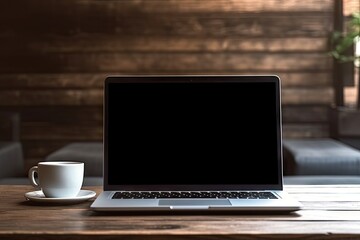 Laptop on wooden table and coffee in mug. Digital office. Computer and creativity. Modern workspaces. Technology and design converge. Code and comfort contemporary workspace