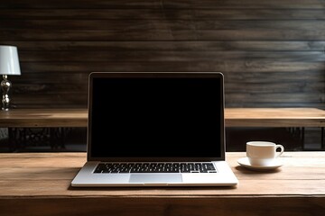 Laptop on wooden table and coffee in mug. Digital office. Computer and creativity. Modern workspaces. Technology and design converge. Code and comfort contemporary workspace