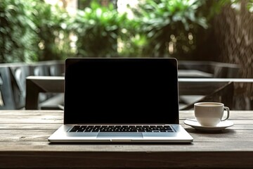 Laptop on wooden table and coffee in mug. Digital office. Computer and creativity. Modern workspaces. Technology and design converge. Code and comfort contemporary workspace