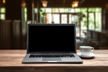 Laptop on wooden table and coffee in mug. Digital office. Computer and creativity. Modern workspaces. Technology and design converge. Code and comfort contemporary workspace