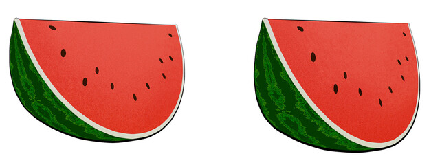 A 2D stylized illustration of a watermelon slice, featuring minimal grain effects for a clean and artistic look. This artwork highlights the refreshing colors and textures of a freshly cut watermelon 
