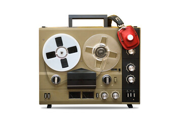 Old reel to reel tape recorder 1970s, 1980s isolated on white background. Vintage recording equipment. - obrazy, fototapety, plakaty
