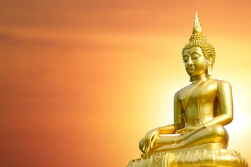 Magha Asanha Visakha Puja Day , Silhouette Buddha on golden sunset background.