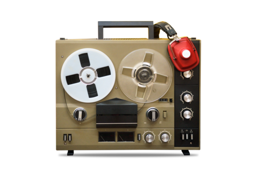 Old reel to reel tape recorder 1970s, 1980s isolated on white background. Vintage recording equipment.