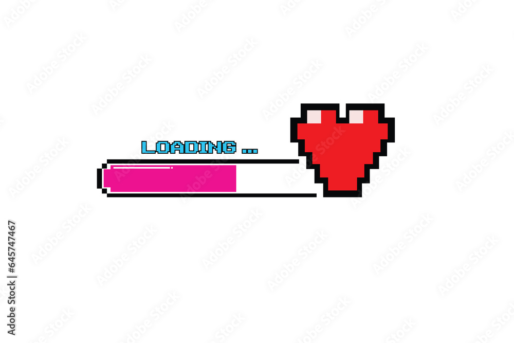 Aufkleber pixel art 8-bit red heart and loading bar on white background