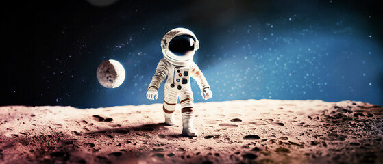 immagine primo piano di astronauta nella tuta spaziale sulla superficie di un asteroide, spazio scuro e pianeti sullo sfondo - obrazy, fototapety, plakaty