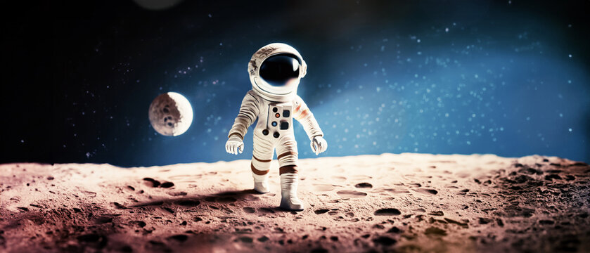 immagine primo piano di astronauta nella tuta spaziale sulla superficie di un asteroide, spazio scuro e pianeti sullo sfondo