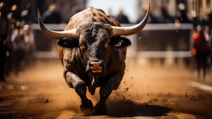 Fototapeten A bull with big horns that rushes into a bullfight © Jean Isard