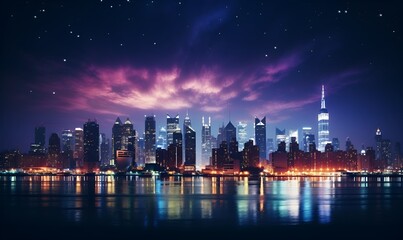 Fototapeta premium night city view from riverside, generative ai