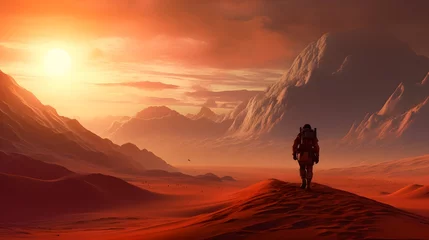 Foto op Plexiglas A lone explorer traversing the barren desert landscape under an ominous sky on the journey to colonize Mars © Tremens Productions
