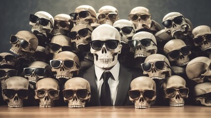 Lots of human skulls with glasses at the boss table - obrazy, fototapety, plakaty
