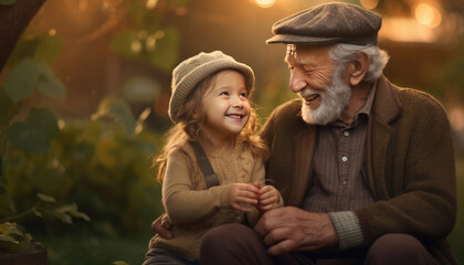 Old man spending time with granddaughter - obrazy, fototapety, plakaty