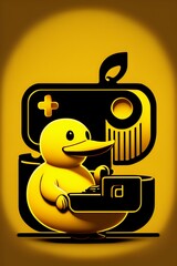 yellow rubber duck playing videogames,  illustration logo