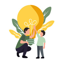 father helps son find ideas in learning vector illustration with flat design. father encouraging son