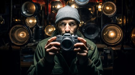 A self close up shot of photographer with a camera and with flash in a mirror